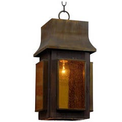 Arts and Crafts Copper Lantern with Amber Art Glass Panels 2