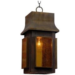 Arts and Crafts Copper Lantern with Amber Art Glass Panels