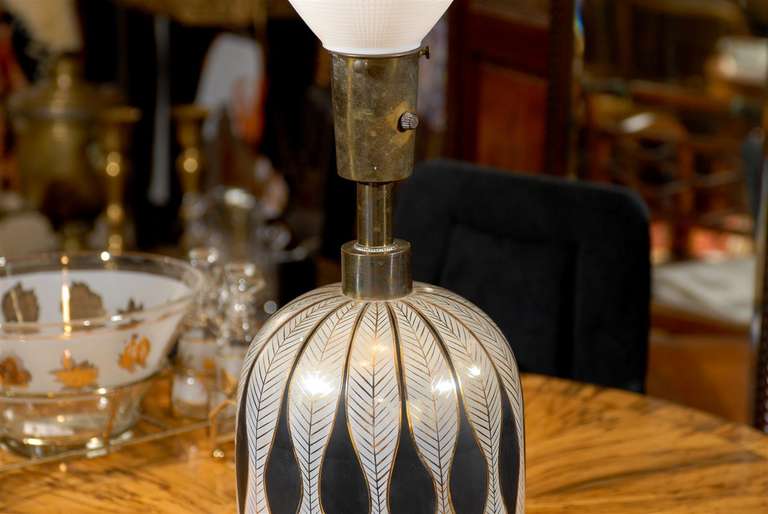 Porcelain Mid Century Modern Lamp with Gilded Stylized Feathers