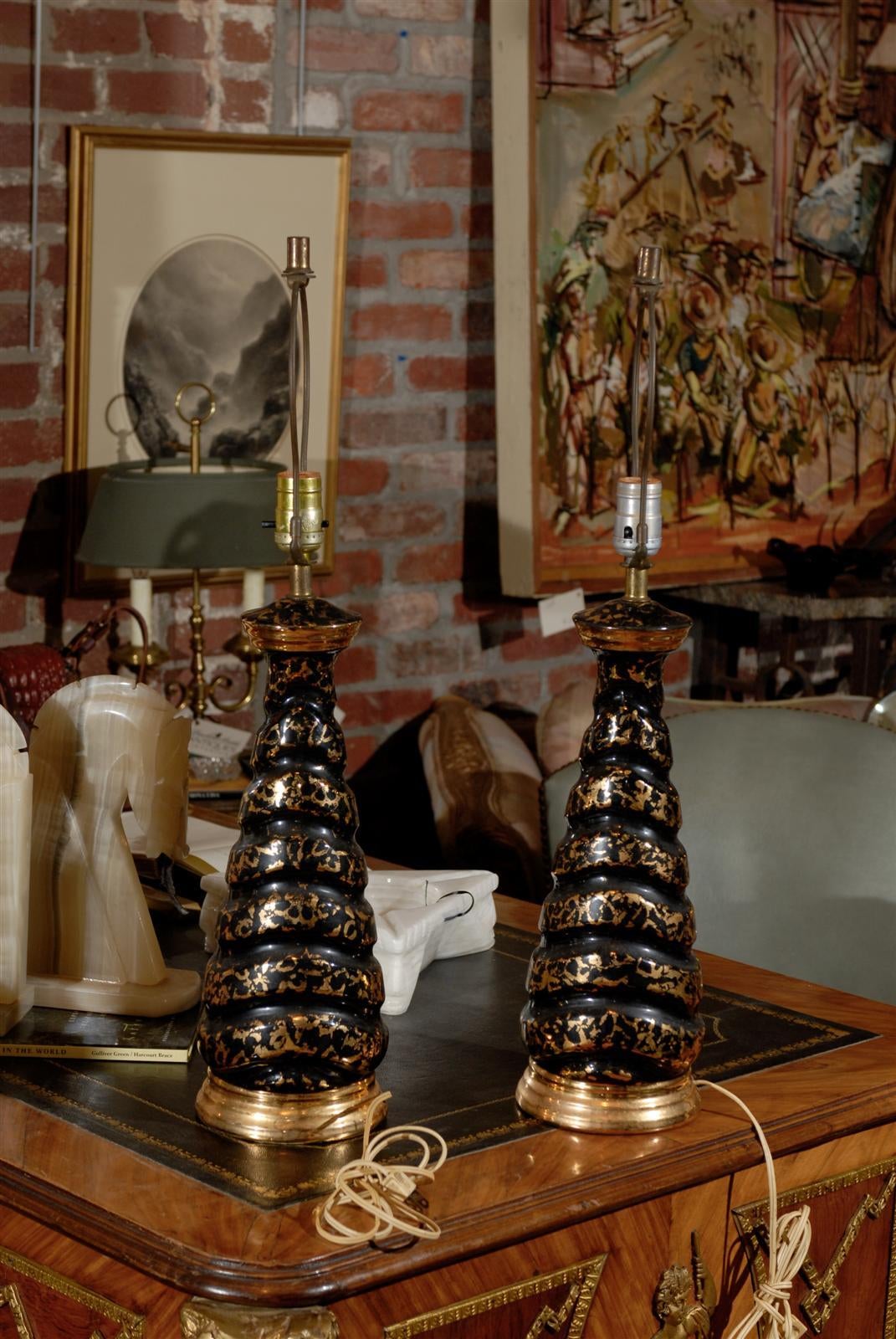 Brass Midcentury Black and Gold Splatterware Lamp For Sale