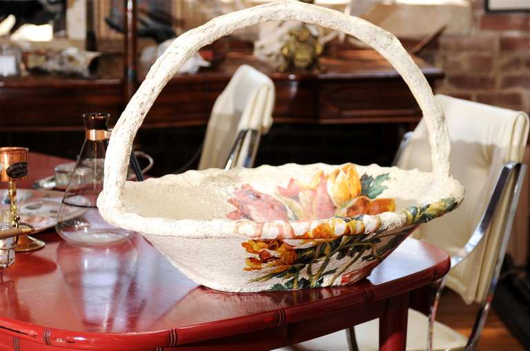 Large Papier Mache and Floral Decoupage Basket In Excellent Condition In Atlanta, GA