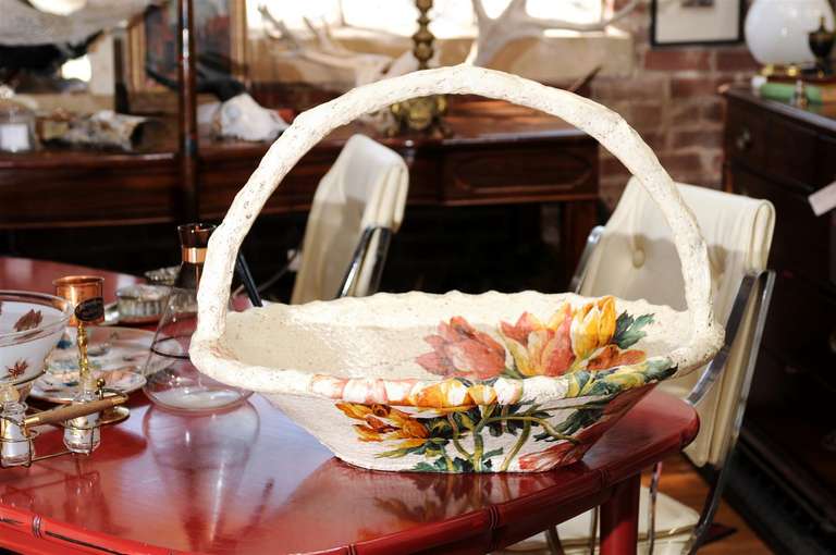 Large vintage papier mache and floral fabric decoupage basket with scalloped outer rim and handle.