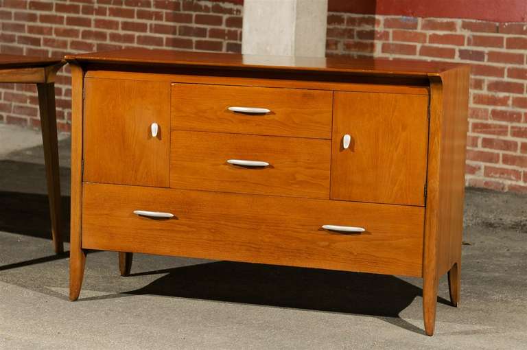 Mid Century Modern Credenza/ Server/ Dresser manufactured by Drexel's Profile Series and designed by John O. Van Koert.  The ash wood case consists of two fitted graduating drawers flanked by cabinets with shelves, all above a wide drawer running