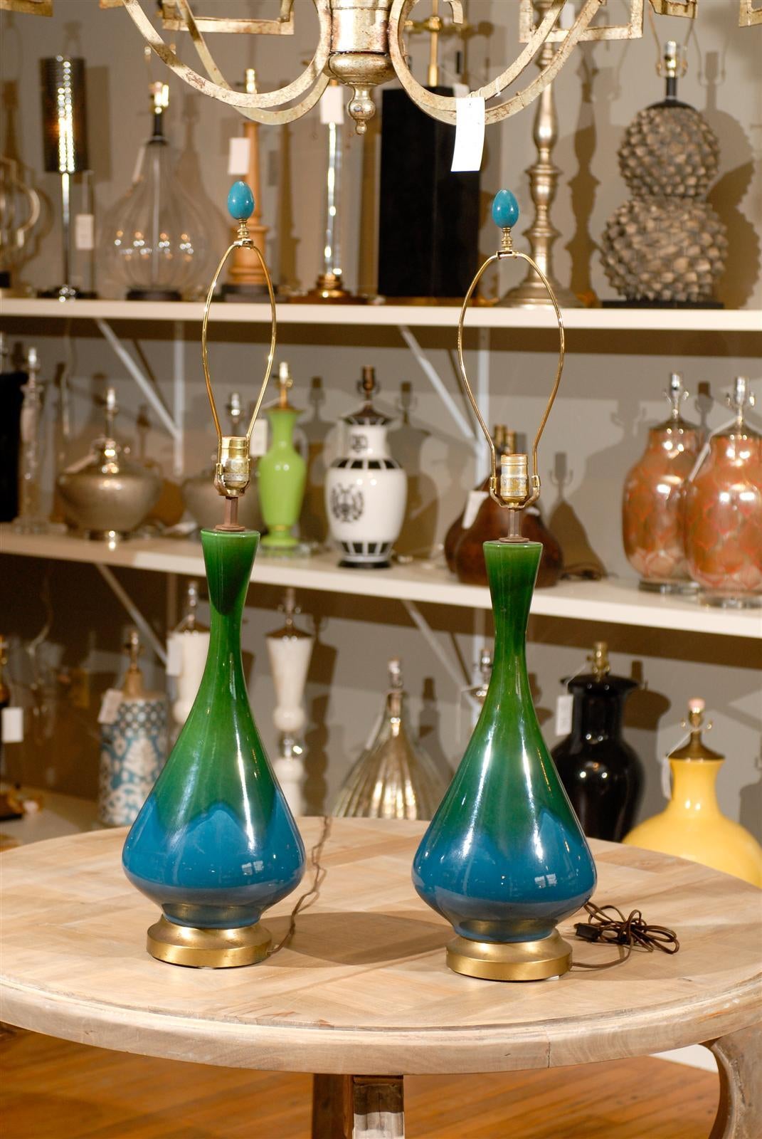 Mid Century Pair of Blue and Green Glazed Lamps