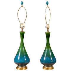 Mid Century Pair of Blue and Green Glazed Lamps