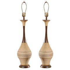 Pair of Mid Century Ceramic and Walnut Lamps 7