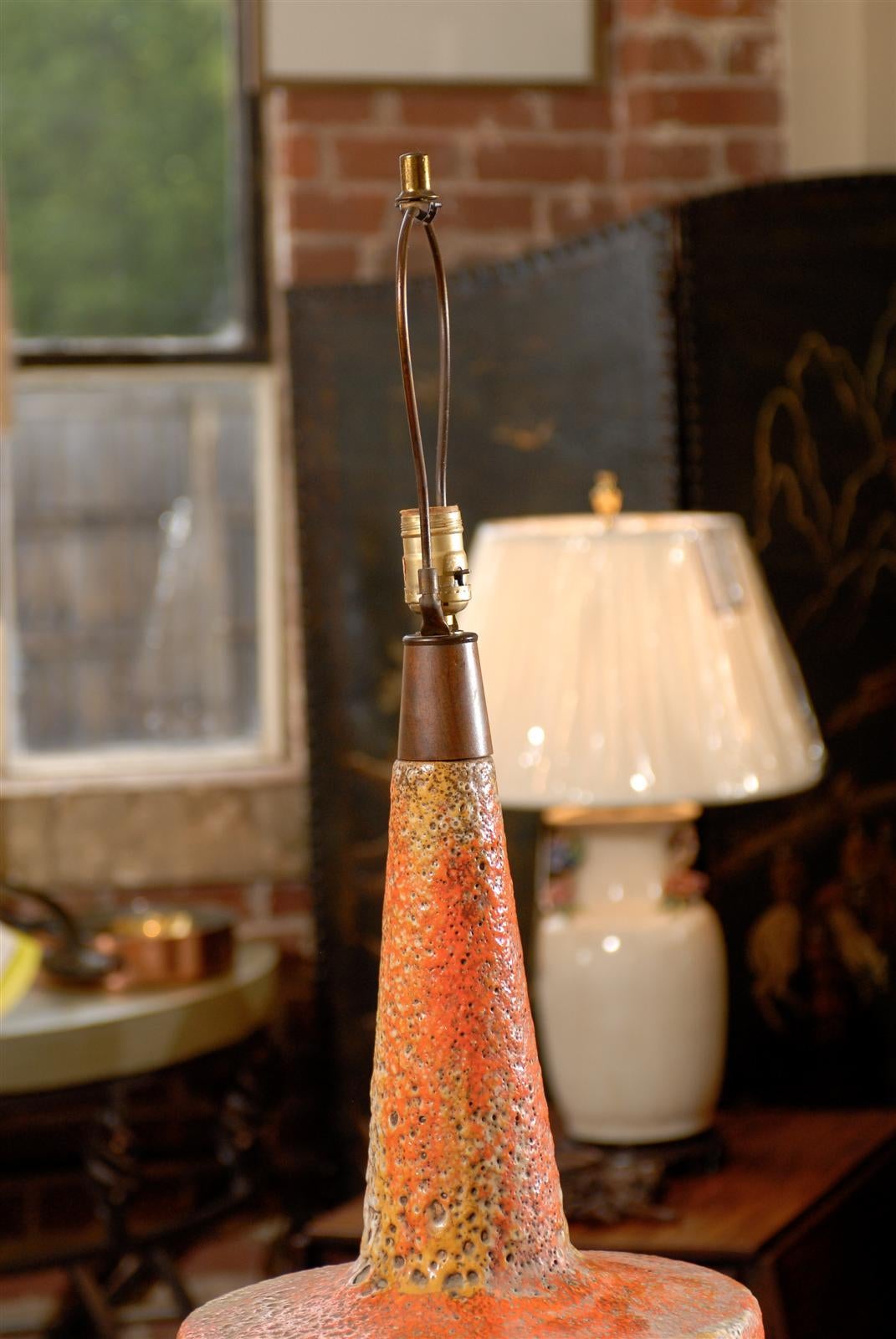 American Mid Century Orange Lava Glaze Lamp on a Walnut Base