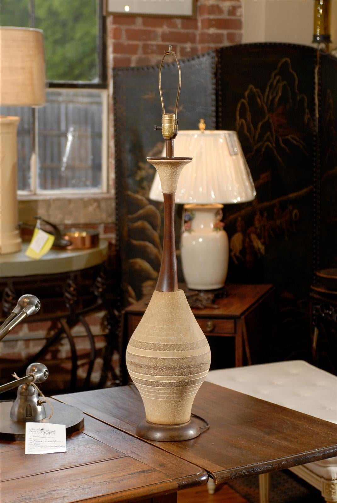 Pair of Mid Century Ceramic and Walnut Lamps 5