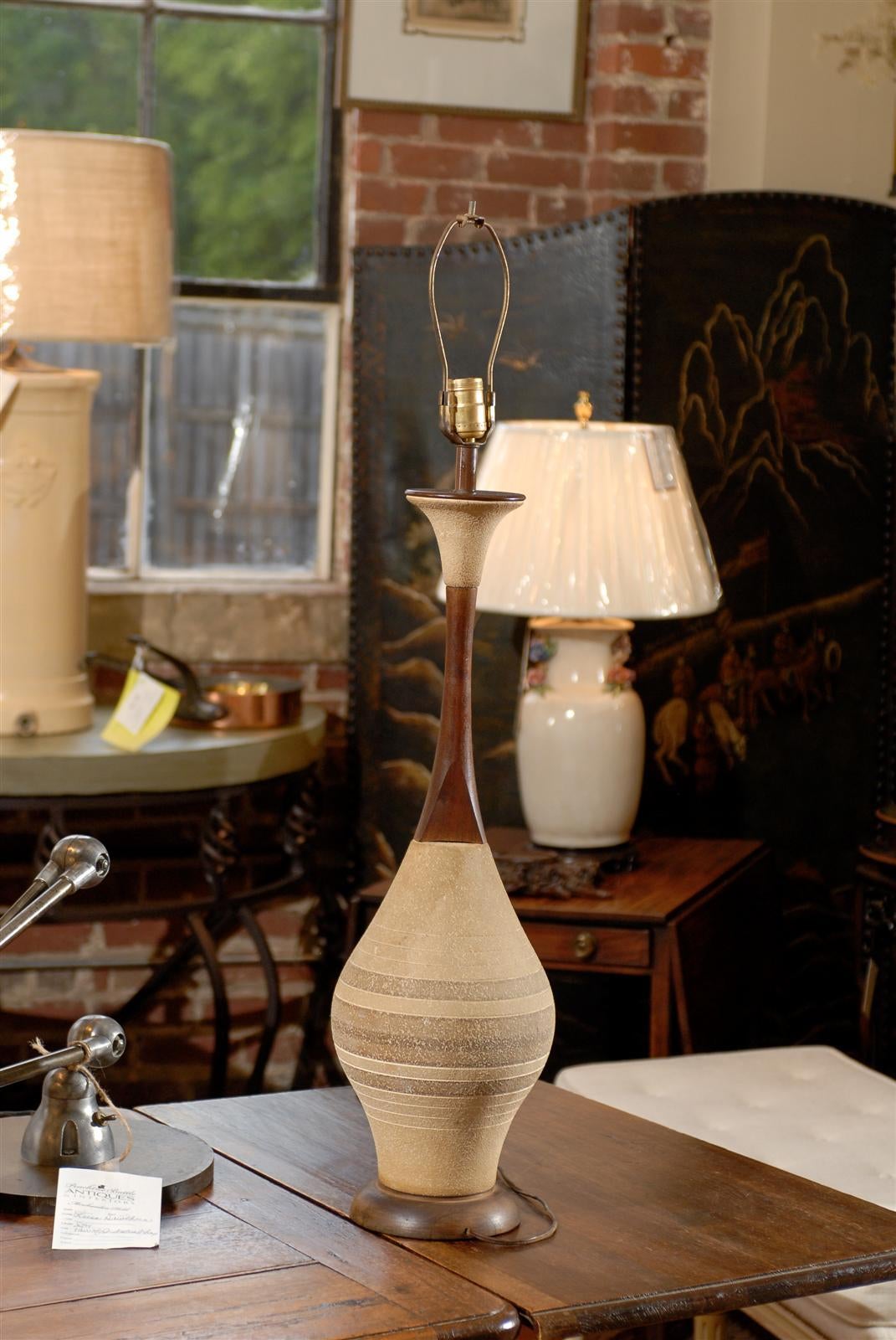 20th Century Pair of Mid Century Ceramic and Walnut Lamps