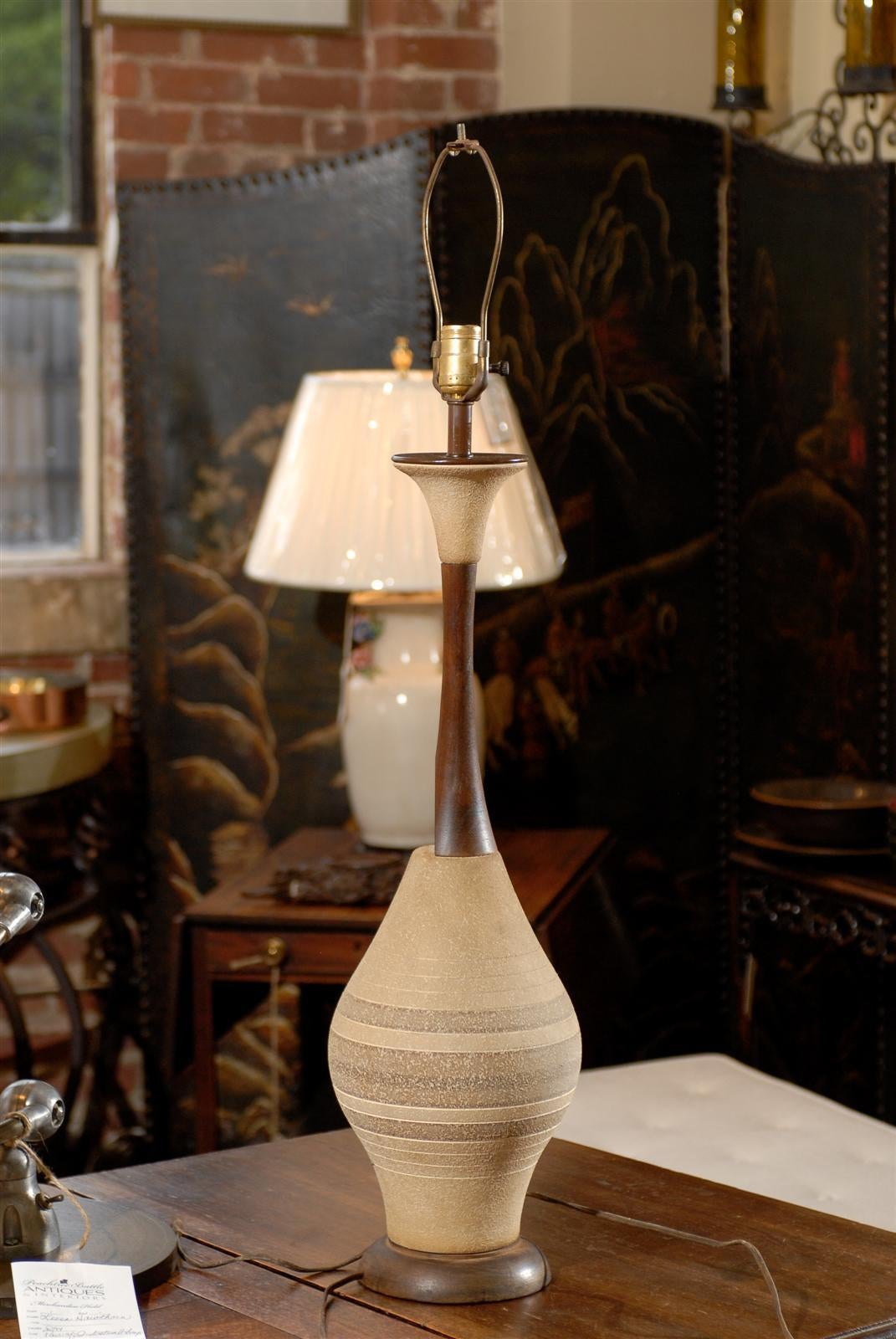 Pair of Mid Century Ceramic and Walnut Lamps 4
