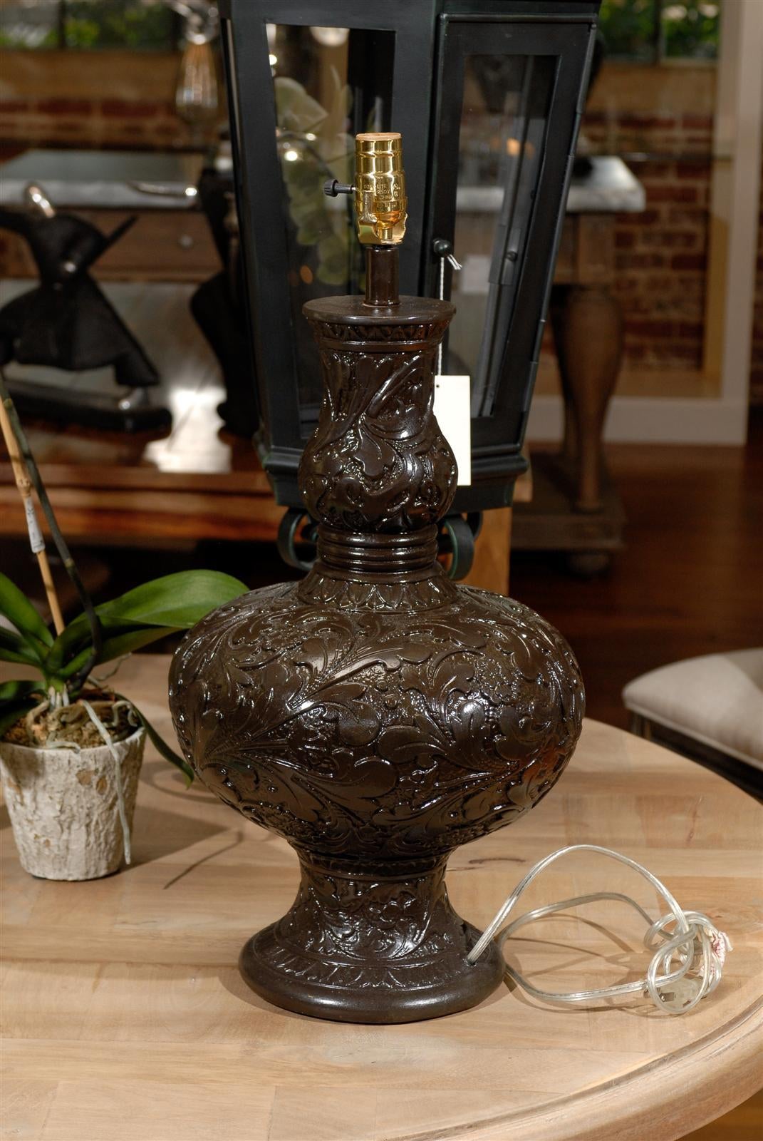 Midcentury Brown Floral Chalkware Lamp