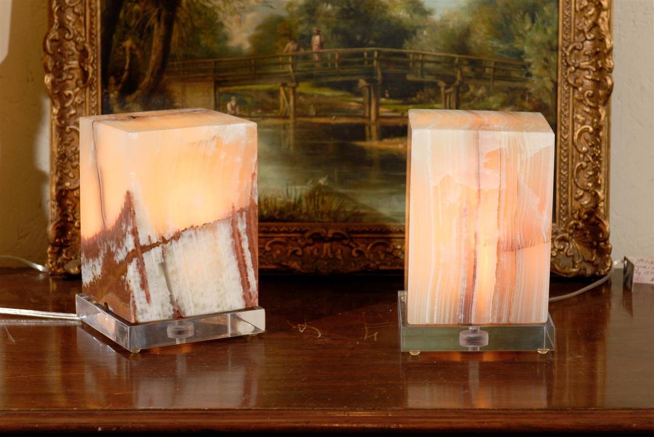 Pair of modern cube lamps custom designed from vintage green onyx rectangles and mounted onto Lucite bases.