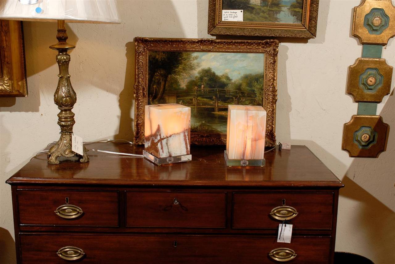 Modern Pair of Green Onyx Cube Lights