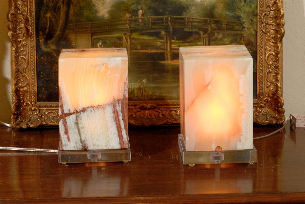 American Pair of Green Onyx Cube Lights