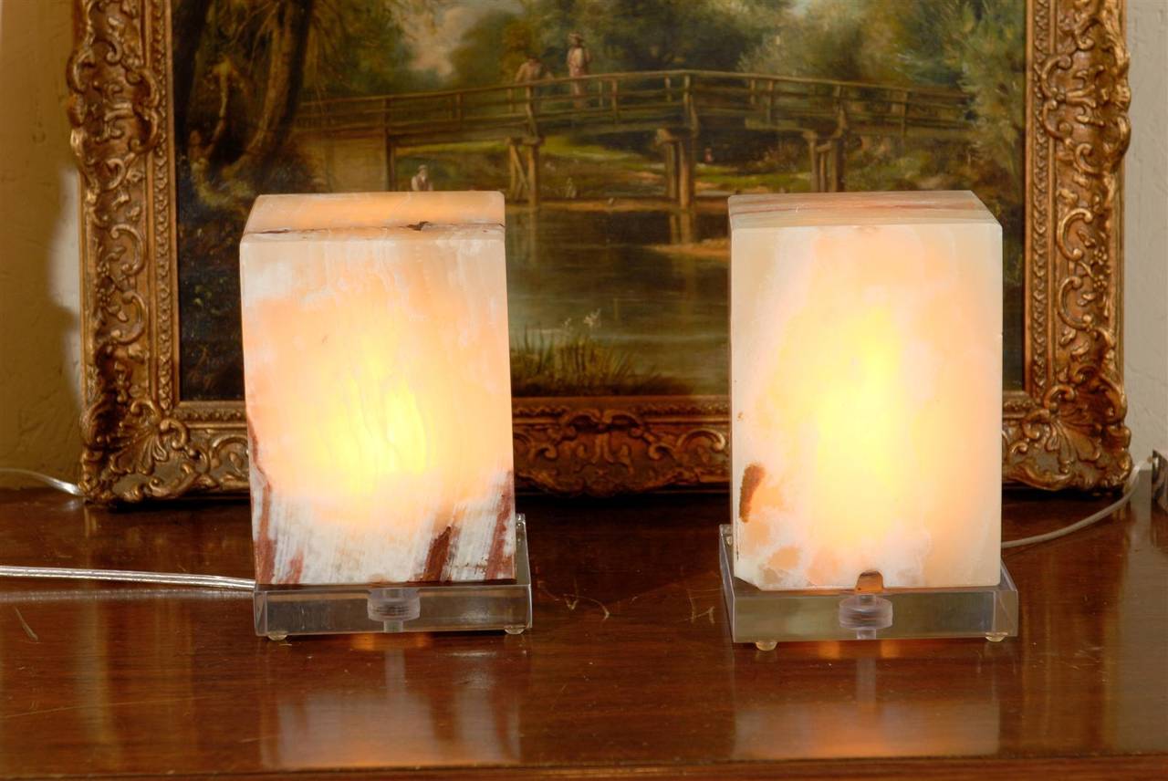 20th Century Pair of Green Onyx Cube Lights