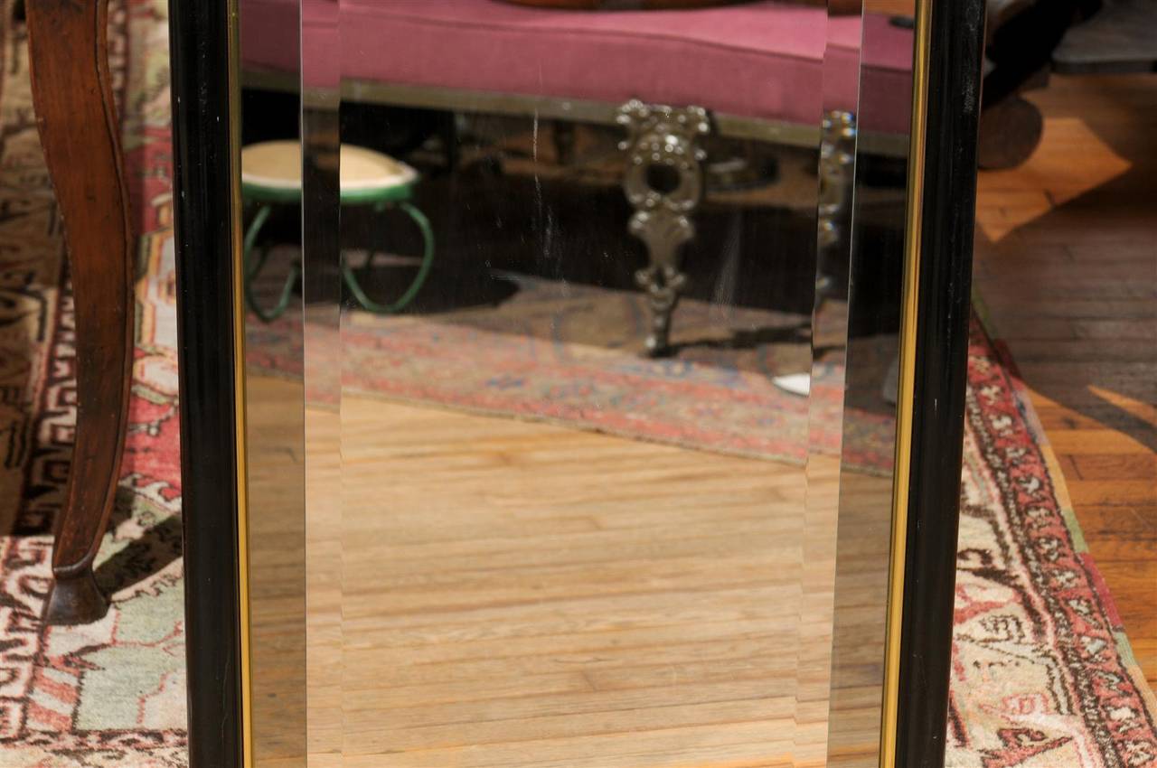 Smoked and Beveled Glass Wall Mirror in a Black and Brass Frame In Good Condition In Atlanta, GA