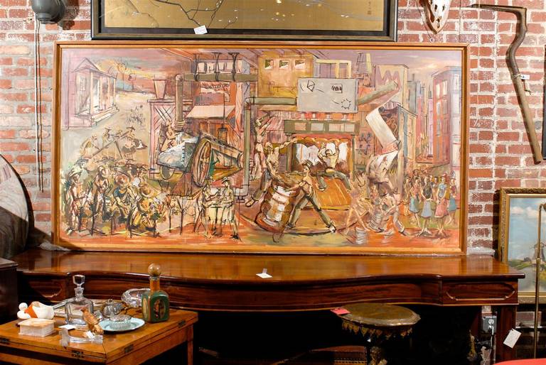 Large Industrial Themed Painting of a Paper Mill