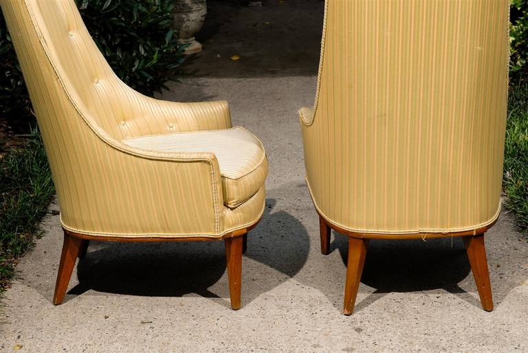 Pair of MidCentury Tufted High Back Chairs For Sale at 1stdibs