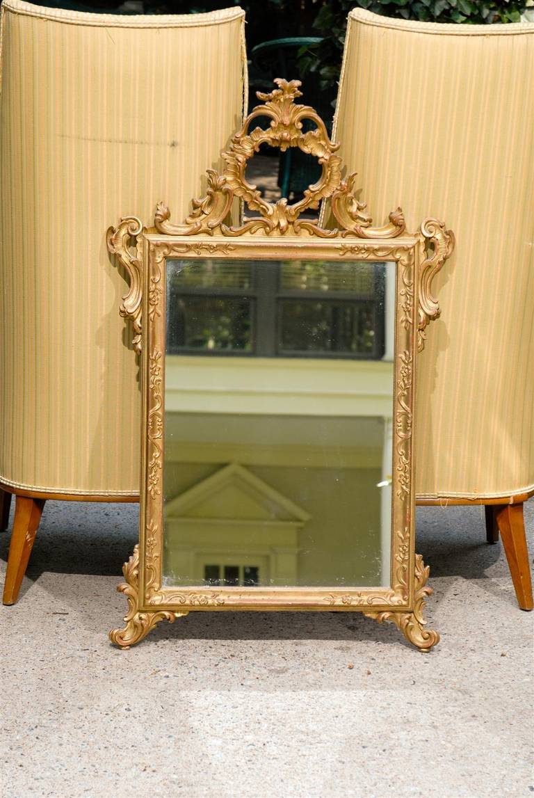 Italian late 19th century hand-carved and gilded mirror in the Rococo style with a cartouche at the crown and having the original glass.