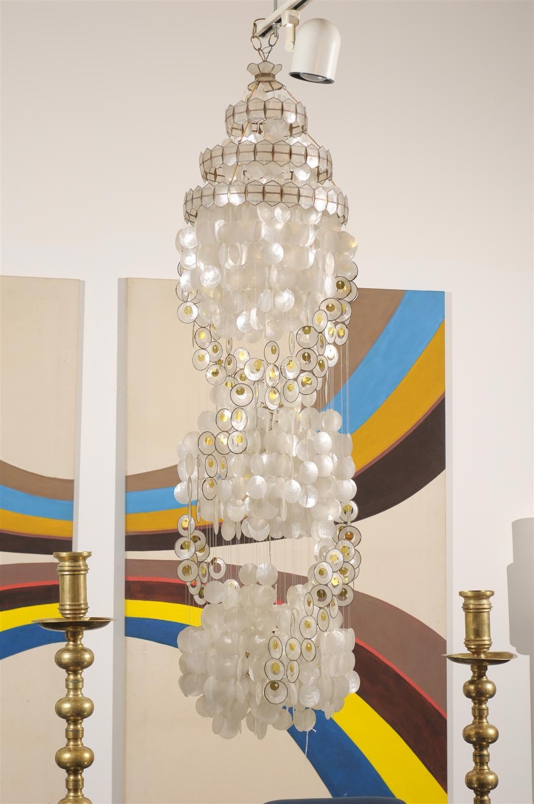 Mid-Century Modern Vintage Capiz Shell Chandelier with Gold Accents