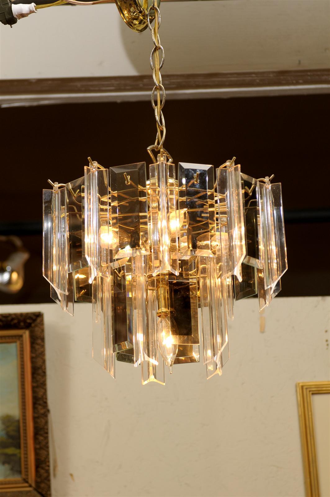 Vintage Waterfall Chandelier of Brass, Smoked Glass, and Lucite at