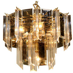Vintage Waterfall Chandelier of Brass, Smoked Glass, and Lucite