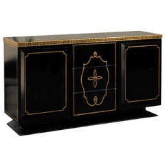 Hollywood Regency Black Lacquer and Gilt Credenza
