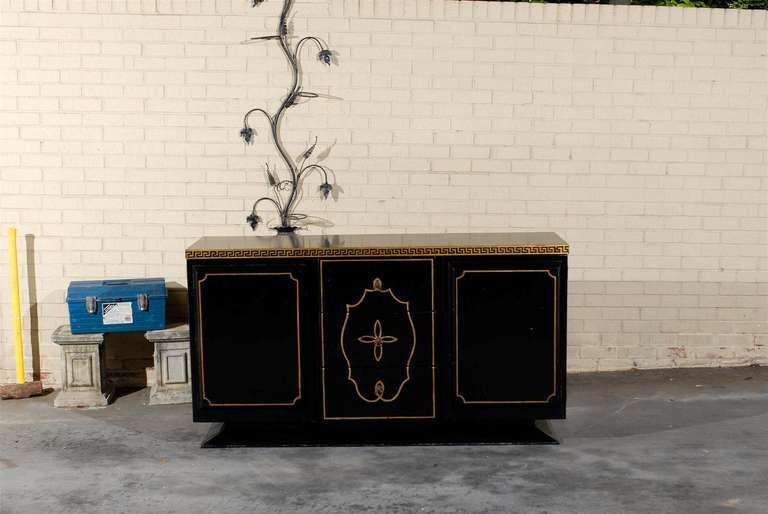 American Hollywood Regency Black Lacquer and Gilt Credenza