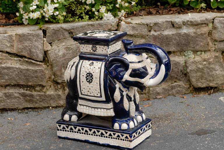 Mid-Century blue and white decorative ceramic elephant garden stool or table.