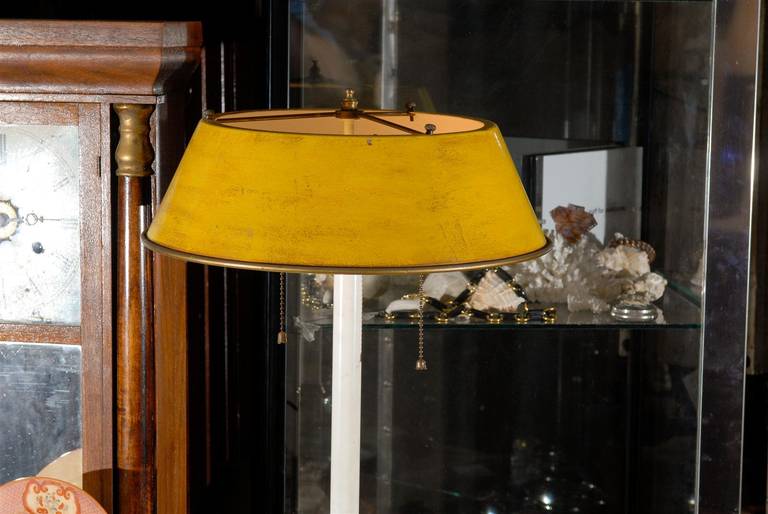 Mid-20th Century Brass and Wood Candlestick Lamp with Yellow Tole Shade