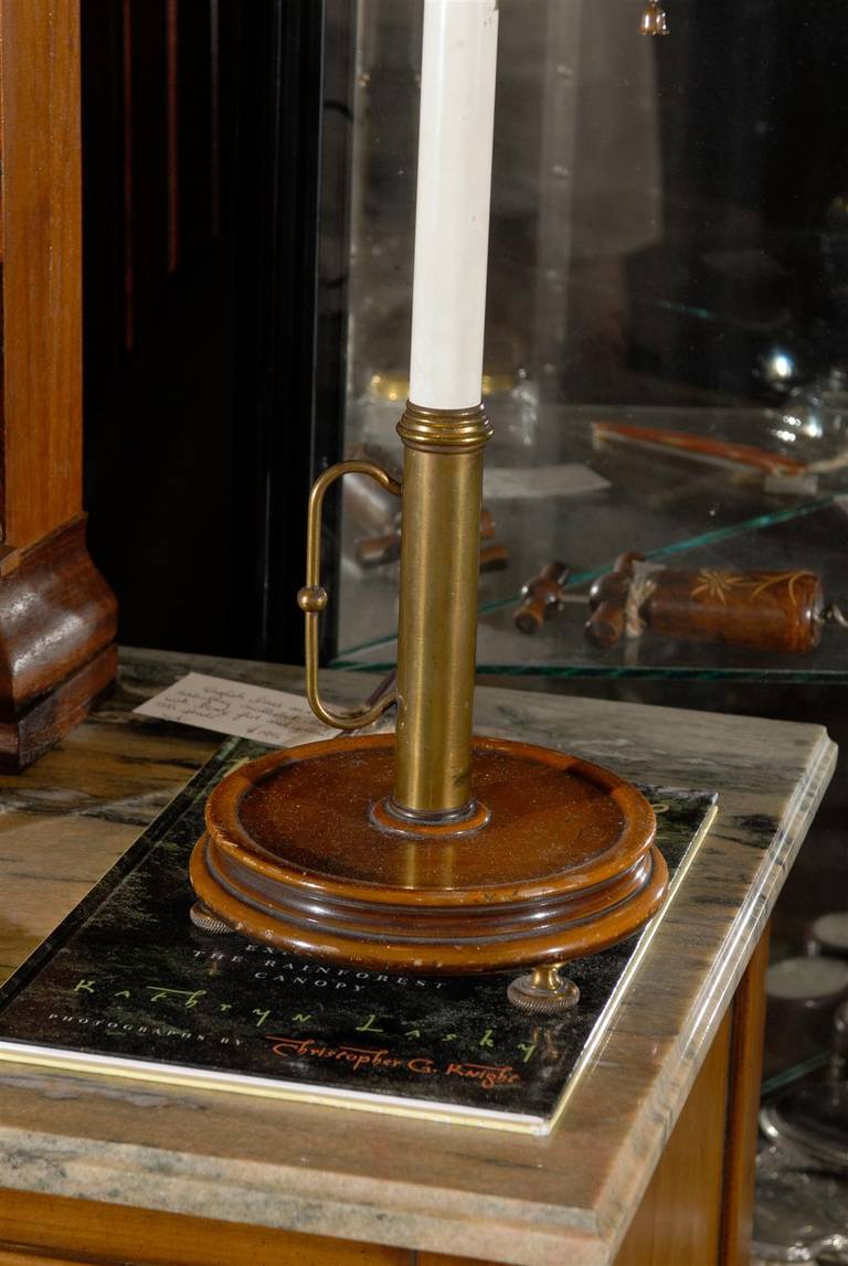 Brass and Wood Candlestick Lamp with Yellow Tole Shade 2