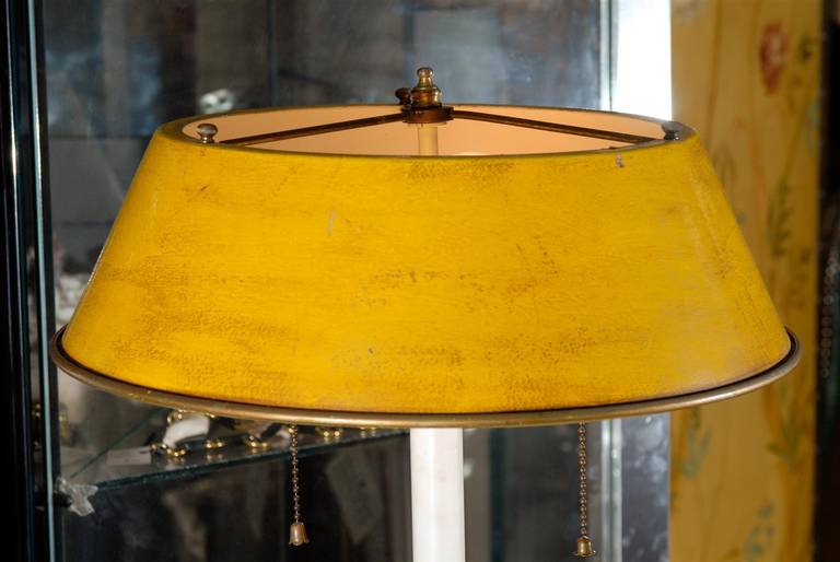 Brass and Wood Candlestick Lamp with Yellow Tole Shade 4