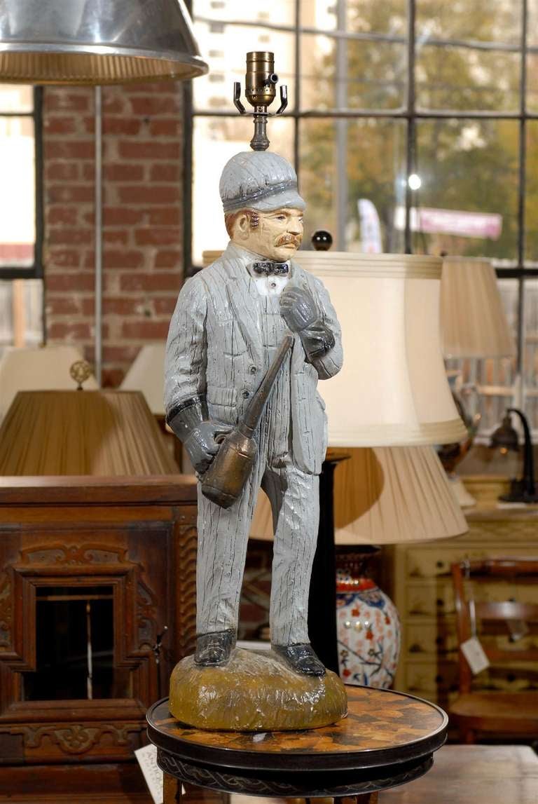 Fabulous American Railroad Engineer lamp of plaster and painted by hand.