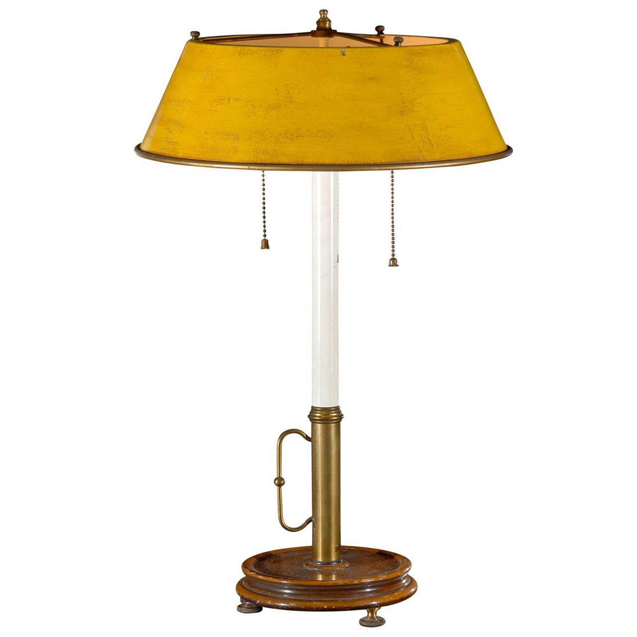 Brass and Wood Candlestick Lamp with Yellow Tole Shade at 1stdibs