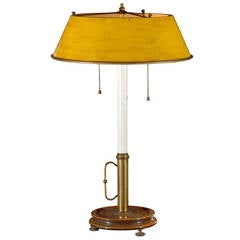 Brass and Wood Candlestick Lamp with Yellow Tole Shade