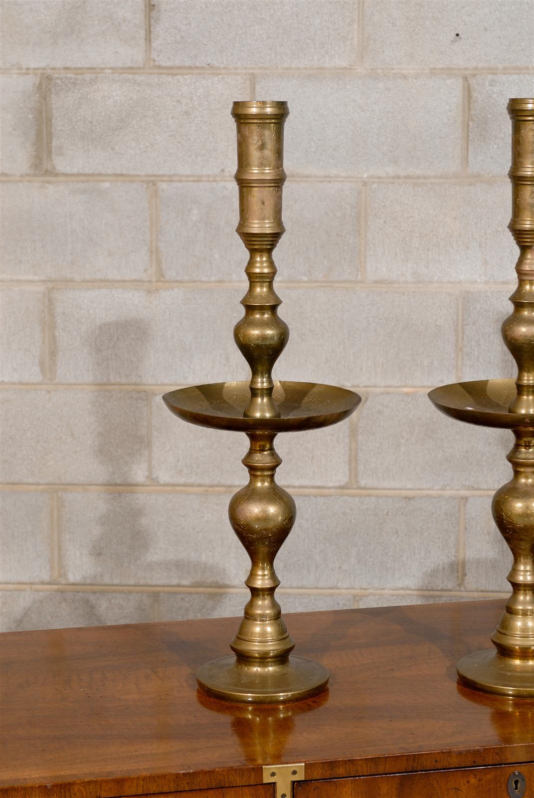 Hollywood Regency Tall Pair of Mid Century Brass Candlesticks