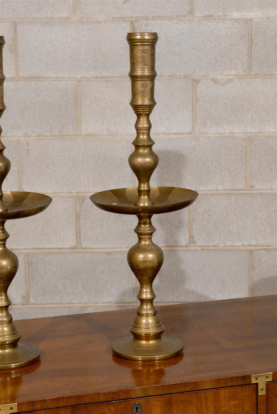 Thai Tall Pair of Mid Century Brass Candlesticks