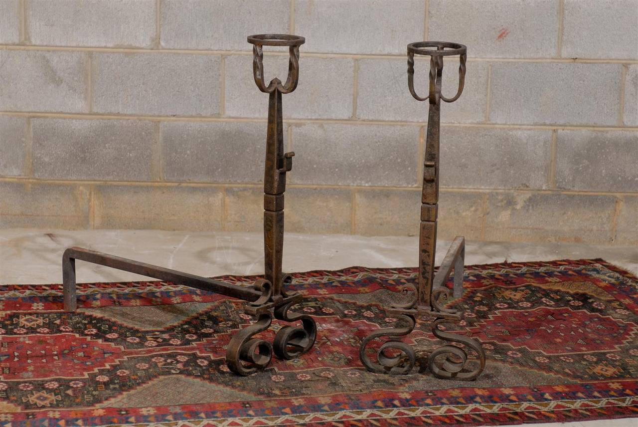 Pair of tall 19th century French hand-forged andirons.