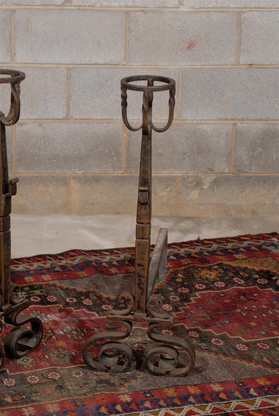 Tall Pair of French Wrought Iron Andirons For Sale 1