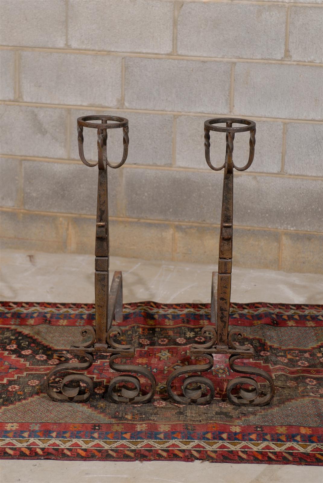 Forged Tall Pair of French Wrought Iron Andirons For Sale