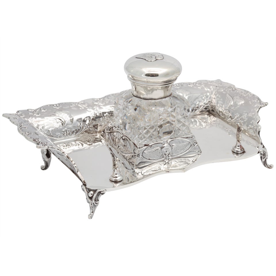Victorian, Sterling Silver Footed Cherub-Motif Inkstand By William Comyns