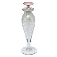 Antique Edwardian  Sterling Silver PInk Guilloche Enamel Etched Crystal Perfume Bottle