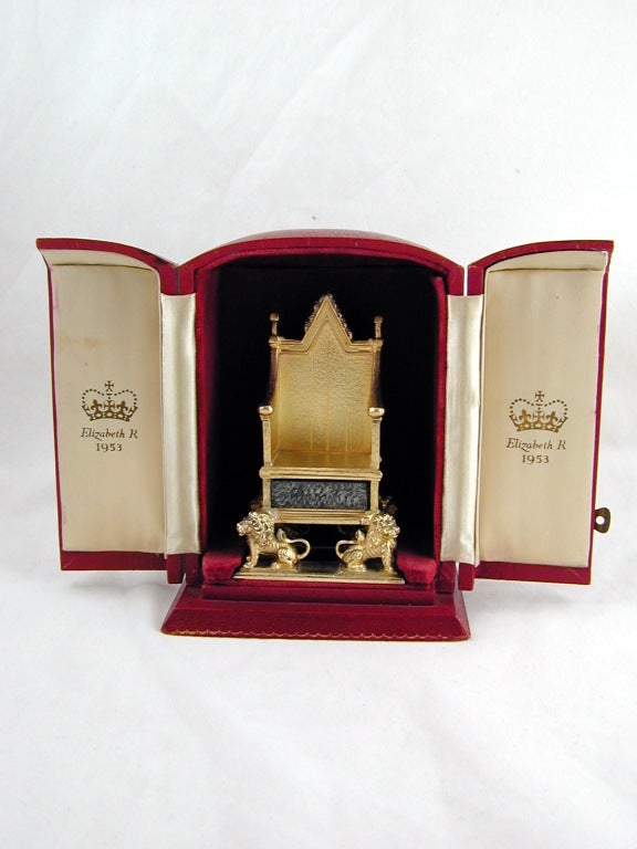 Large, historic, sterling silver-gilt coronation throne (in original, fitted, hinged, leather and velvet box)made to commemorate the coronatiion of Queen Elizabeth II; Birmingham, England, 1952, Adie-Bros.- makers. Stands almost 4 3/4