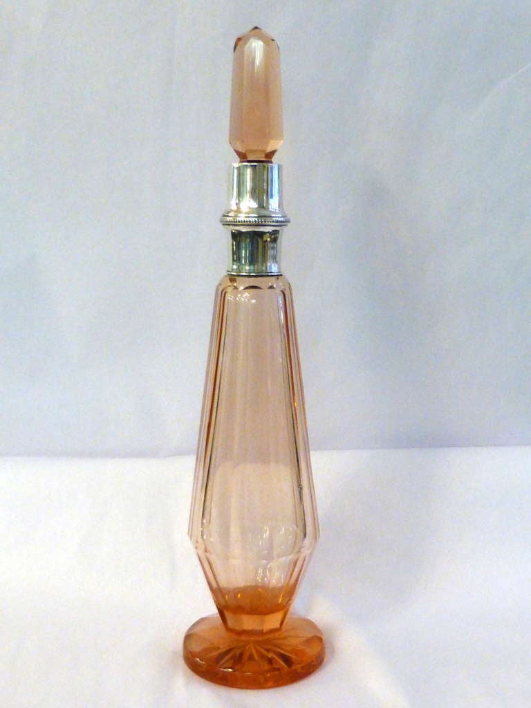 Tall Art Deco Continental Silver-Mounted Peach Colored Glass Decanter