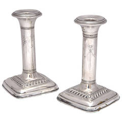 Antique Pair of Edwardian, Sterling Silver, Square-Based Candlesticks