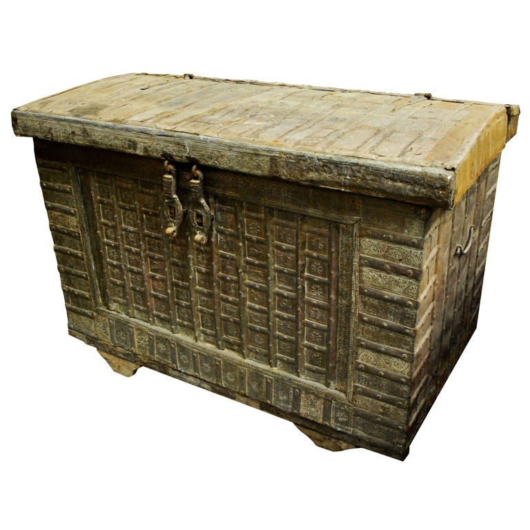 Monumental Antique Wooden Dowry Trunk, made in India For Sale