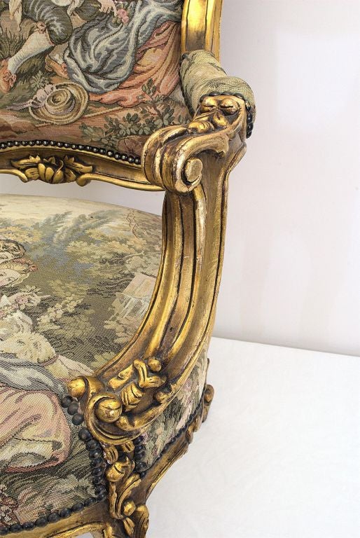 Two Fauteuils in the Louis XV Manner with French Gobelin Fabric For Sale 1