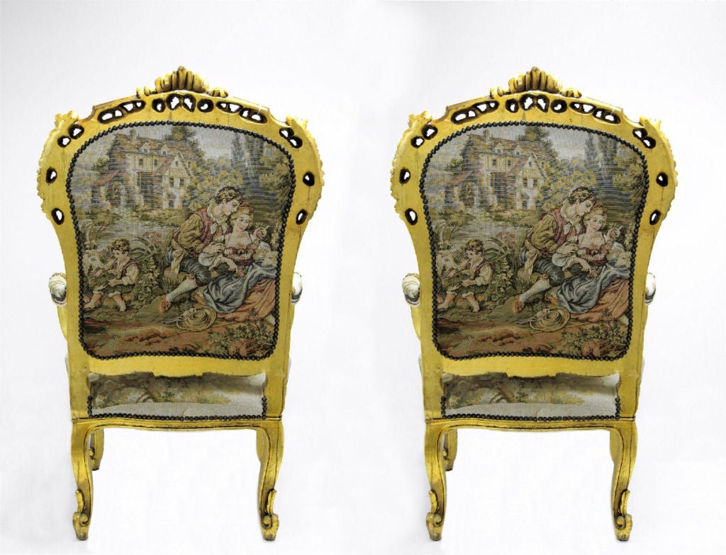 Two Fauteuils in the Louis XV Manner with French Gobelin Fabric For Sale 2