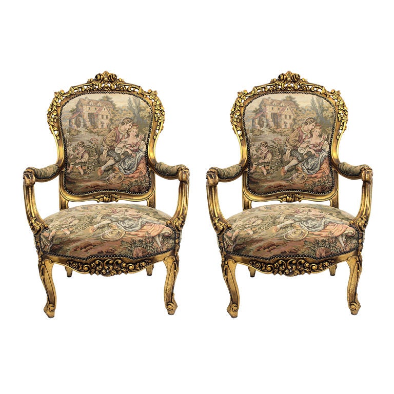 Two Fauteuils in the Louis XV Manner with French Gobelin Fabric For Sale