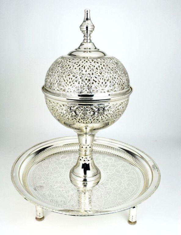 Silverplated Moorish Incense Burner/Brazier with Arabesque Engraved Tray. Superb quality. This brazier has a hinged openwork onion-dome cover which rests on an engraved circular three-footed tray. A finial at its apex serves as the cover lift.